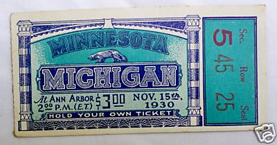 1930 Michigan Minnesota Ticket Stub